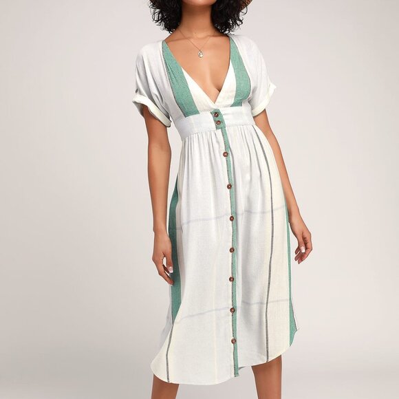 Striped Button-Up Midi Dress - Casual & Chic | Classic Shirt Dress - Picture 1 of 4